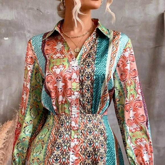 Print Button Front Long sleeve Boho Shirt Dress - Picture 4 of 6